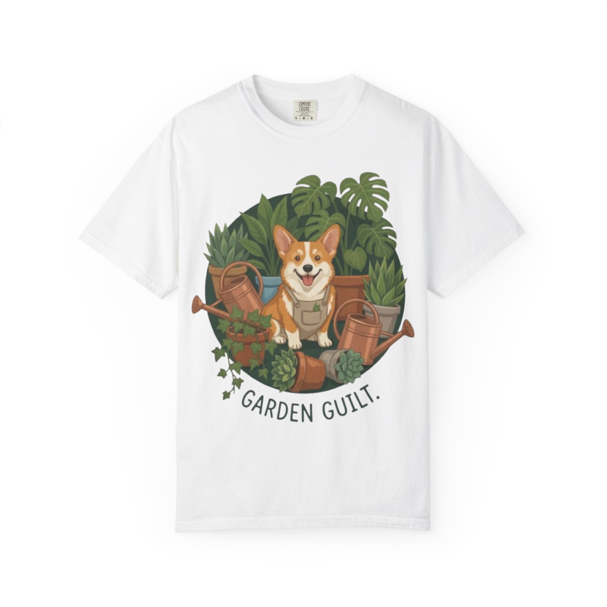 Corgi in Garden 'Garden Guilt' T-Shirt | Gardening Dog Illustration