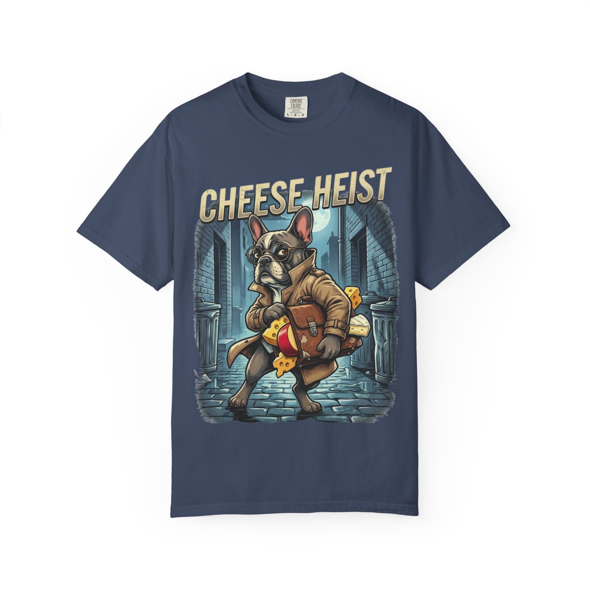 Cheese Heist French Bulldog Thief T-shirt | Cartoon Crime Scene Tee