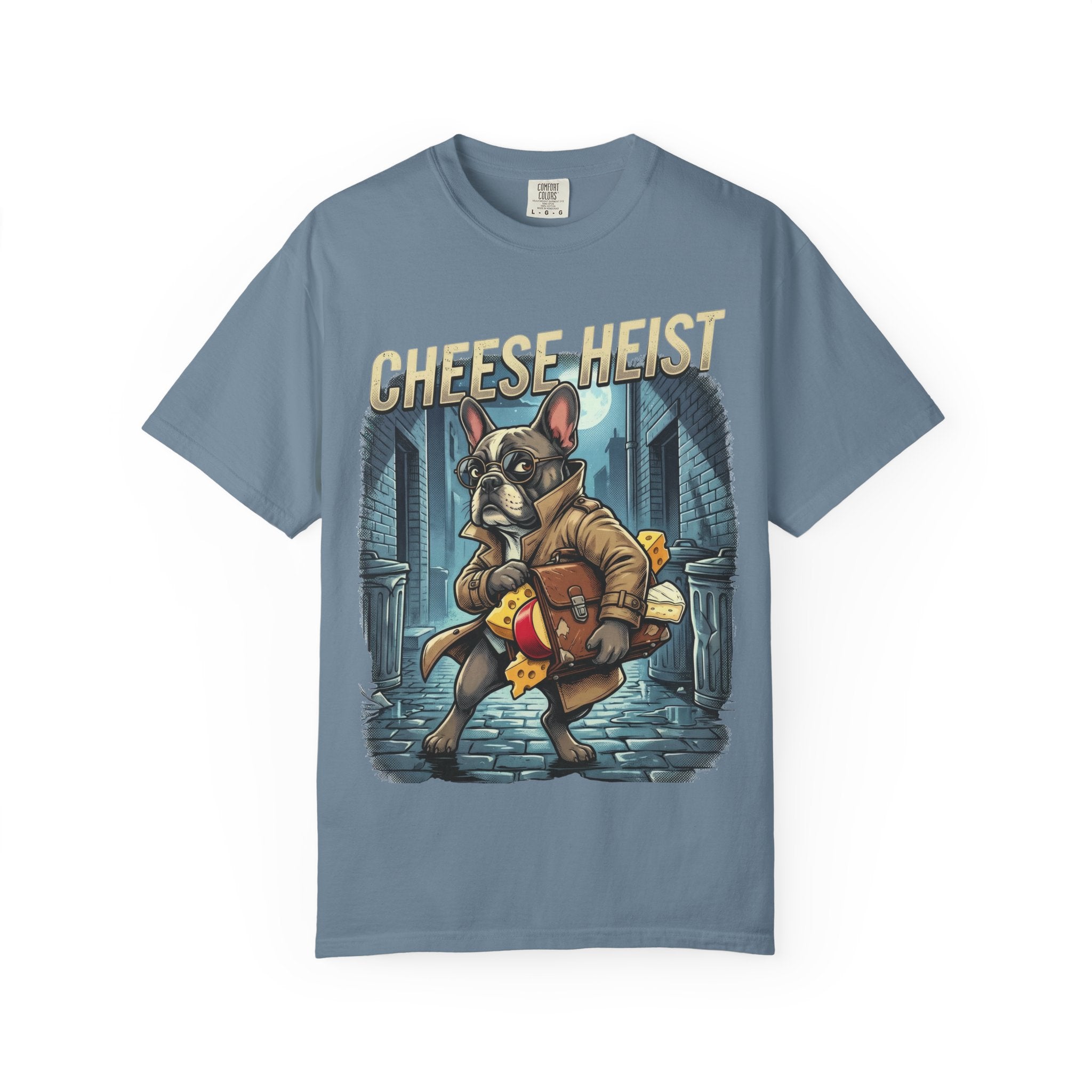 Cheese Heist French Bulldog Thief T-shirt | Cartoon Crime Scene Tee