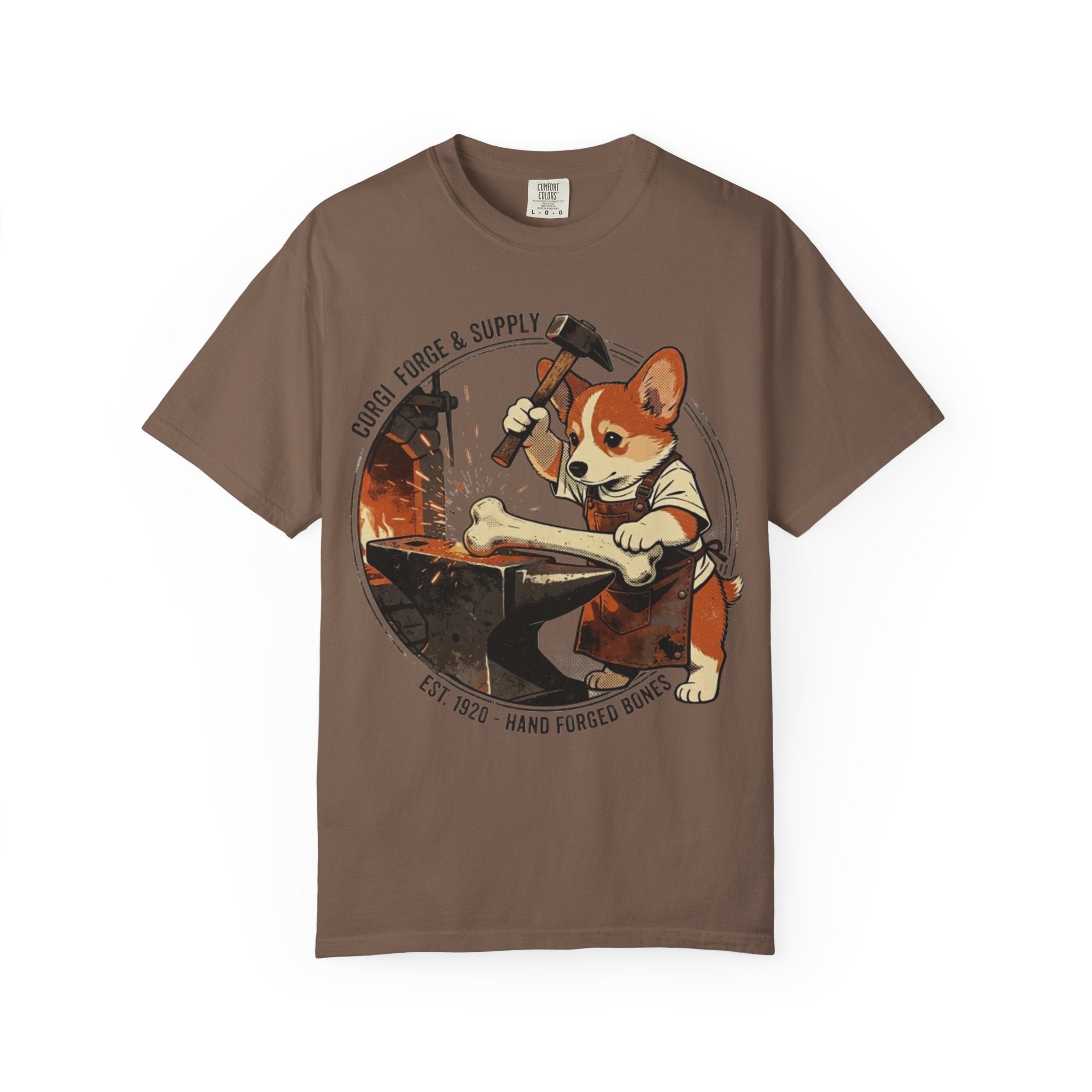 Corgi Blacksmith Illustration T-Shirt | Cute Dog Forge Graphic Tee