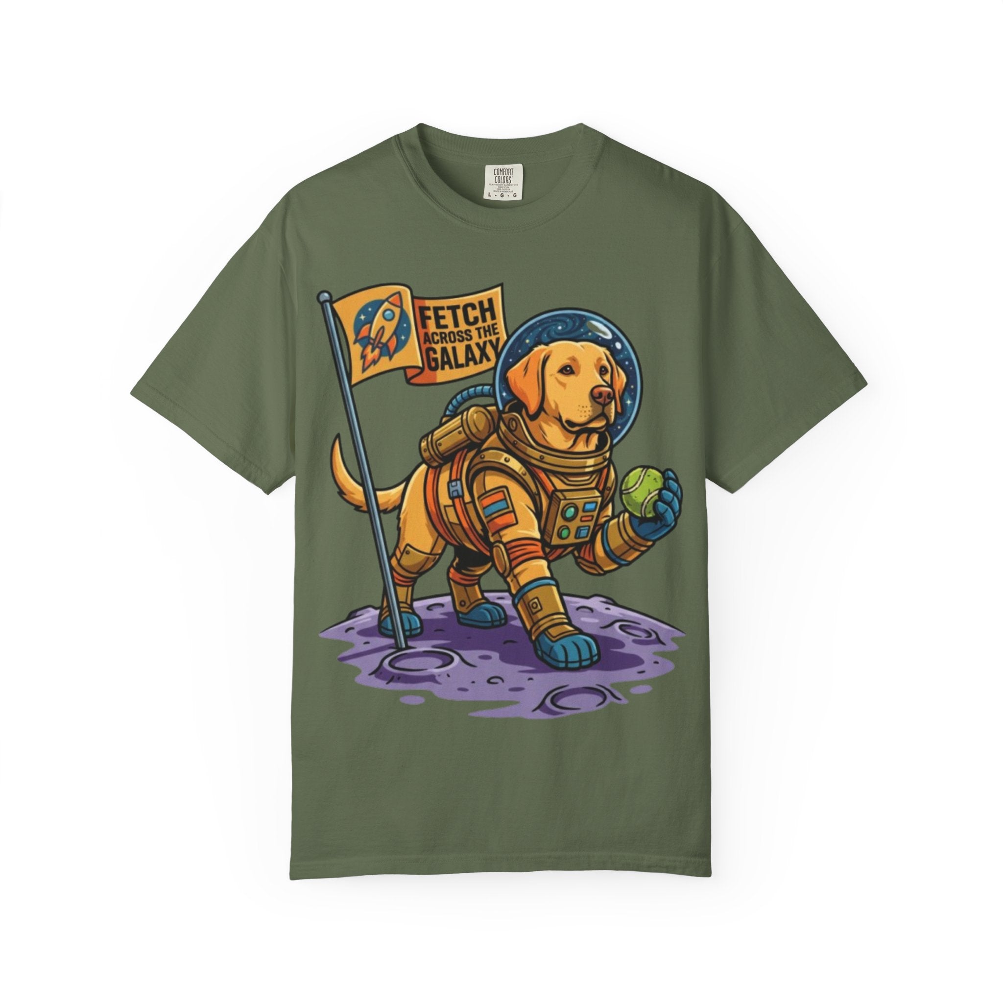 Astronaut Labrador Playing Fetch T-shirt | Space Dog Illustration