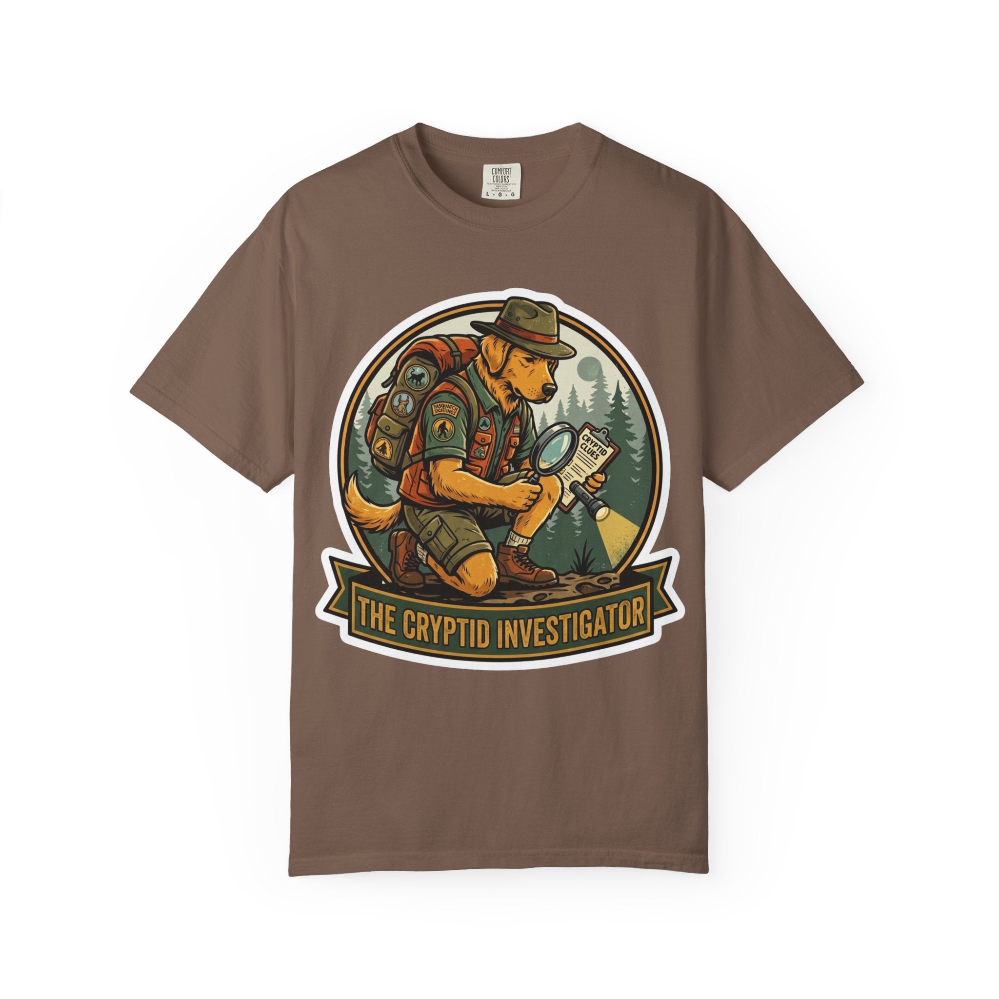 Cryptid Investigator Dog T-shirt | Golden Retriever Detective Graphic Tee