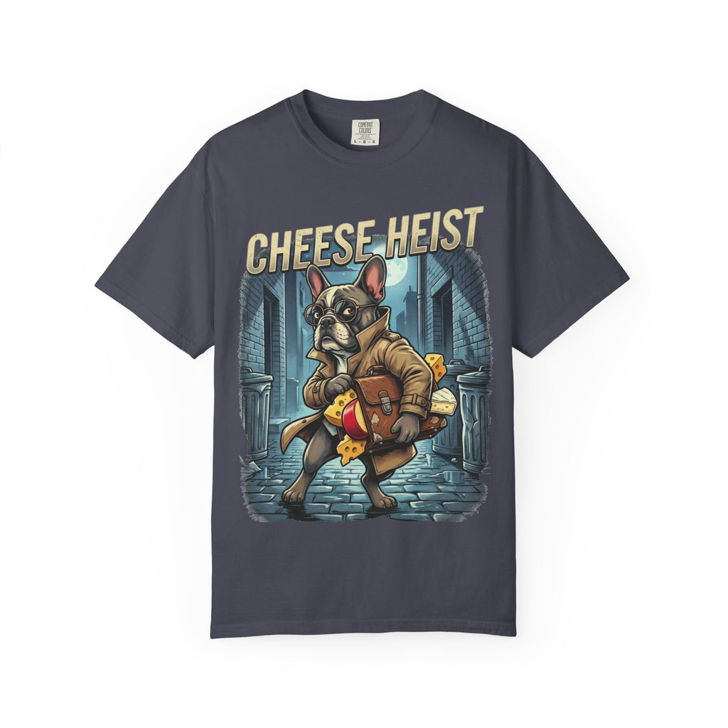 Cheese Heist French Bulldog Thief T-shirt | Cartoon Crime Scene Tee