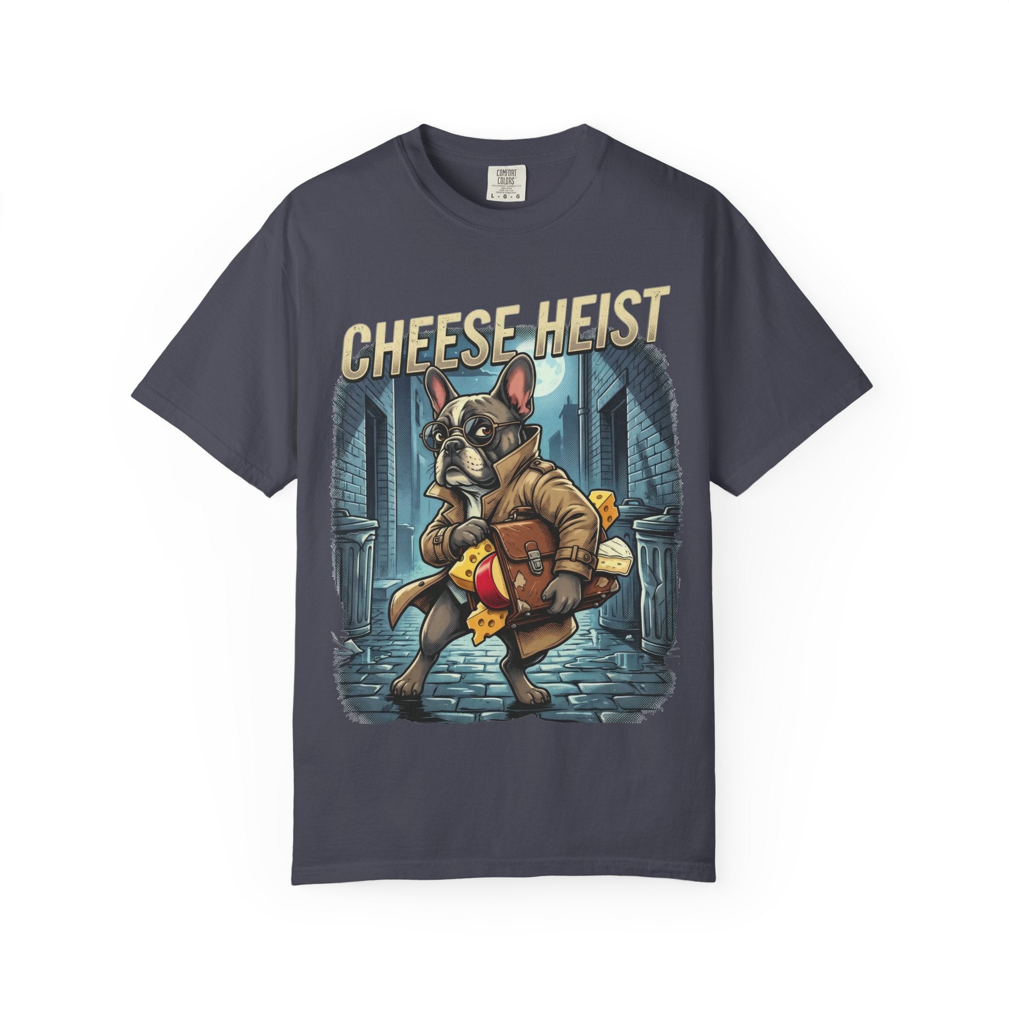 Cheese Heist French Bulldog Thief T-shirt | Cartoon Crime Scene Tee