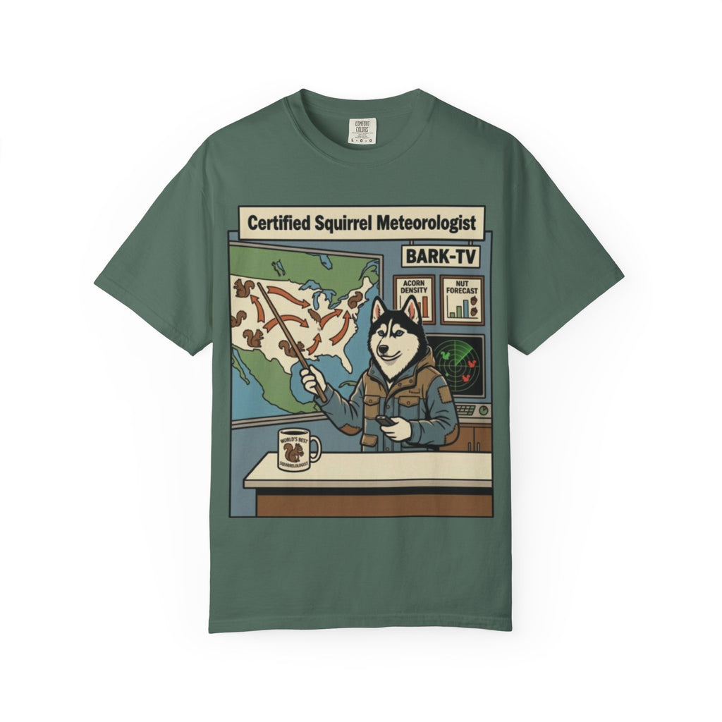 Certified Squirrel Meteorologist Husky TV T-shirt | Weather Desk Dog Illustration