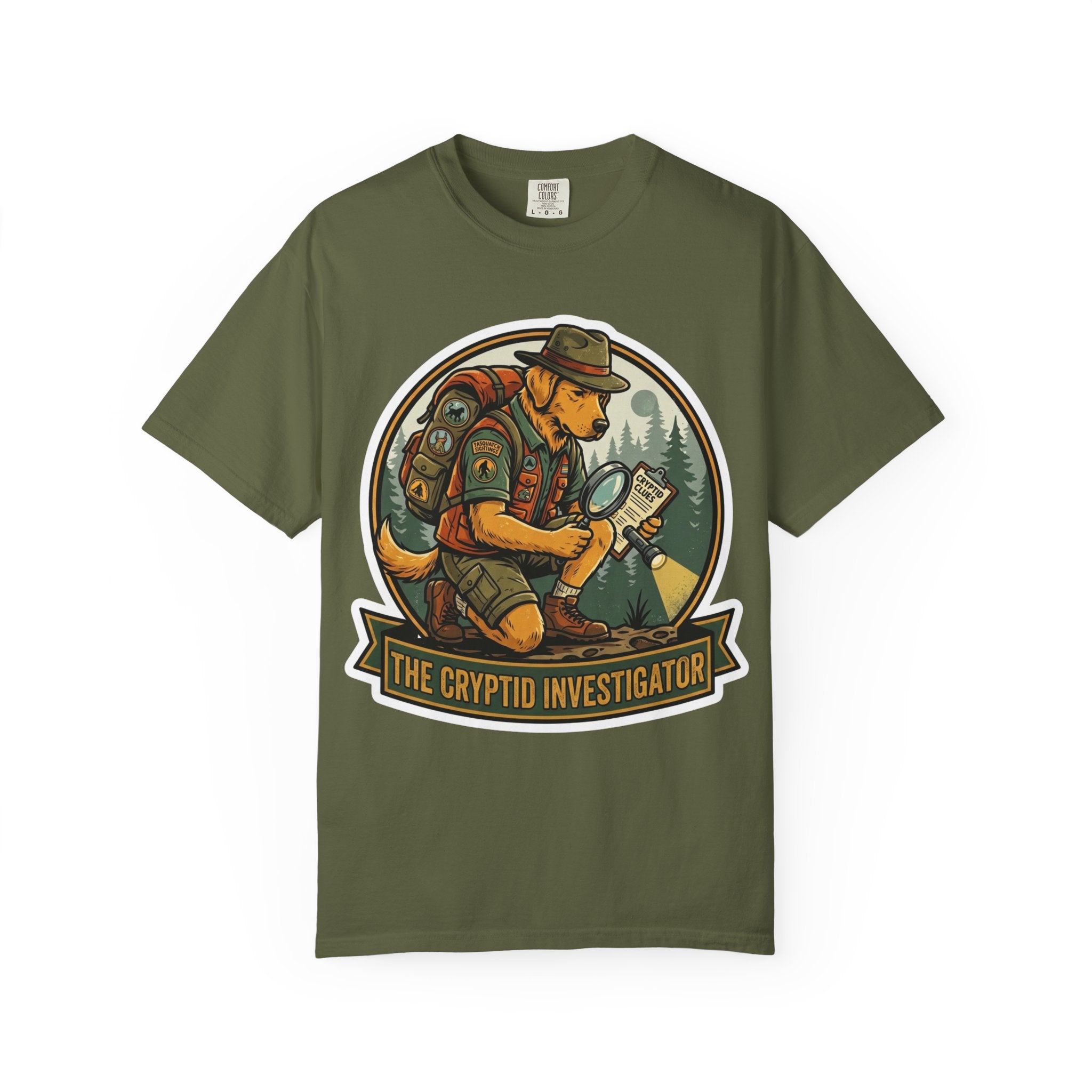 Cryptid Investigator Dog T-shirt | Golden Retriever Detective Graphic Tee