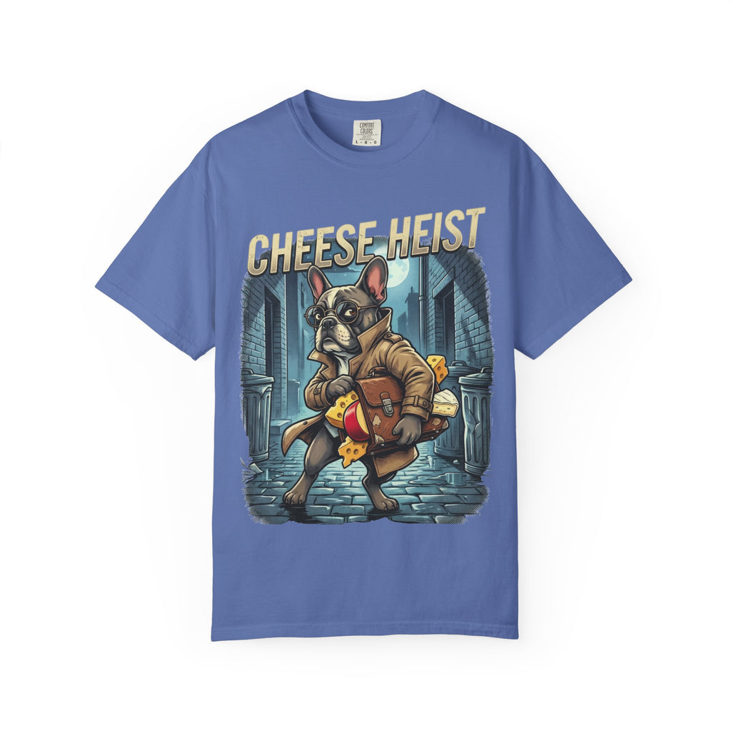 Cheese Heist French Bulldog Thief T-shirt | Cartoon Crime Scene Tee