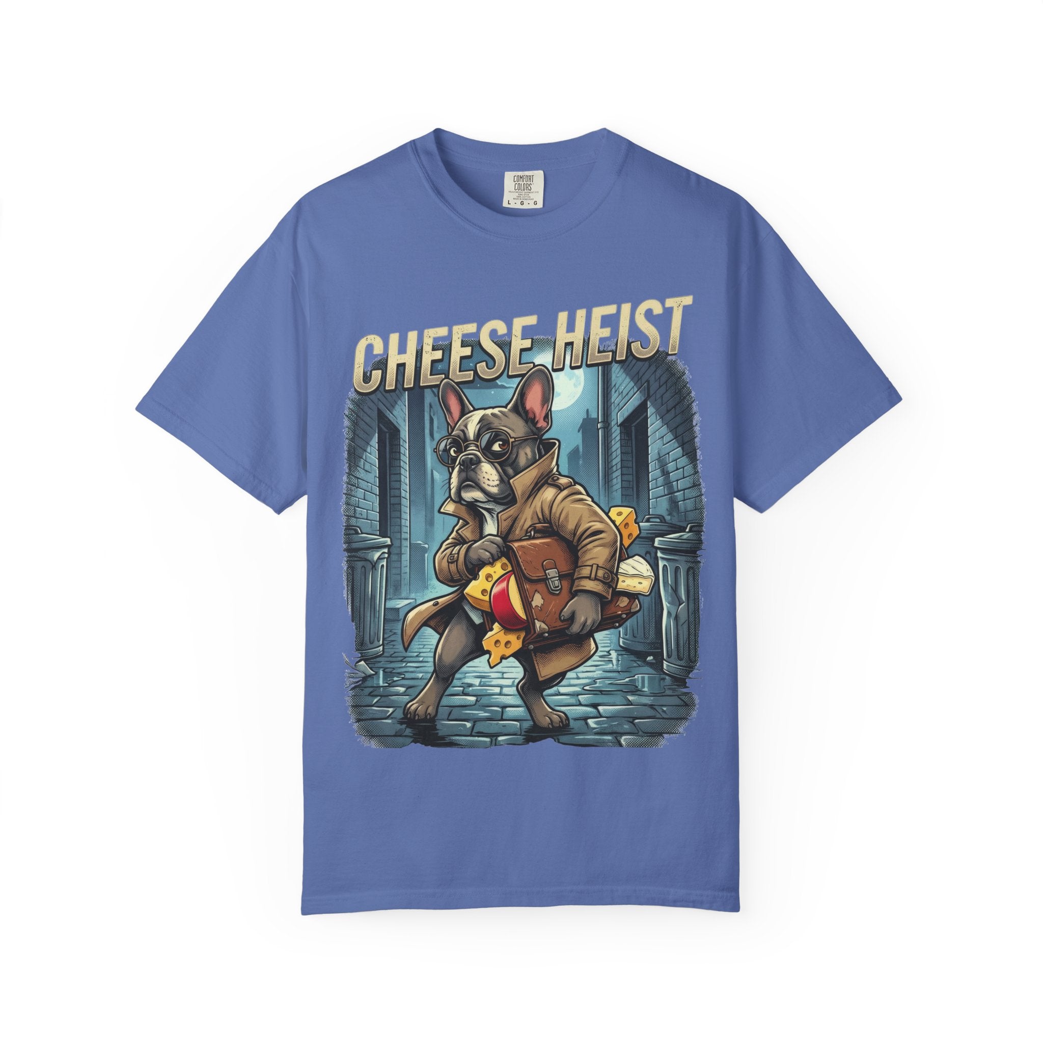 Cheese Heist French Bulldog Thief T-shirt | Cartoon Crime Scene Tee