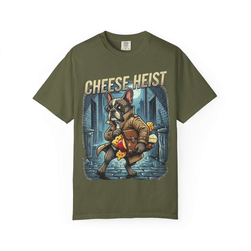 Cheese Heist French Bulldog Thief T-shirt | Cartoon Crime Scene Tee