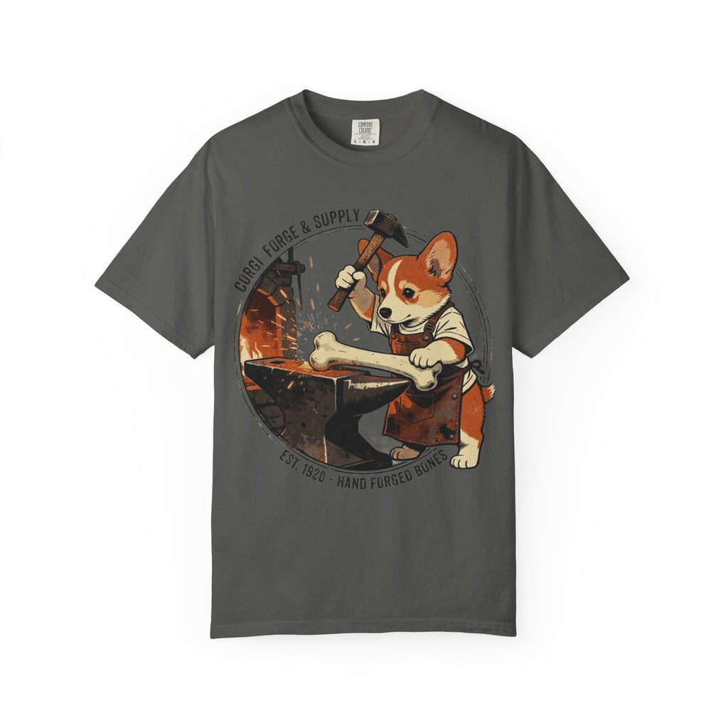 Corgi Blacksmith Illustration T-Shirt | Cute Dog Forge Graphic Tee