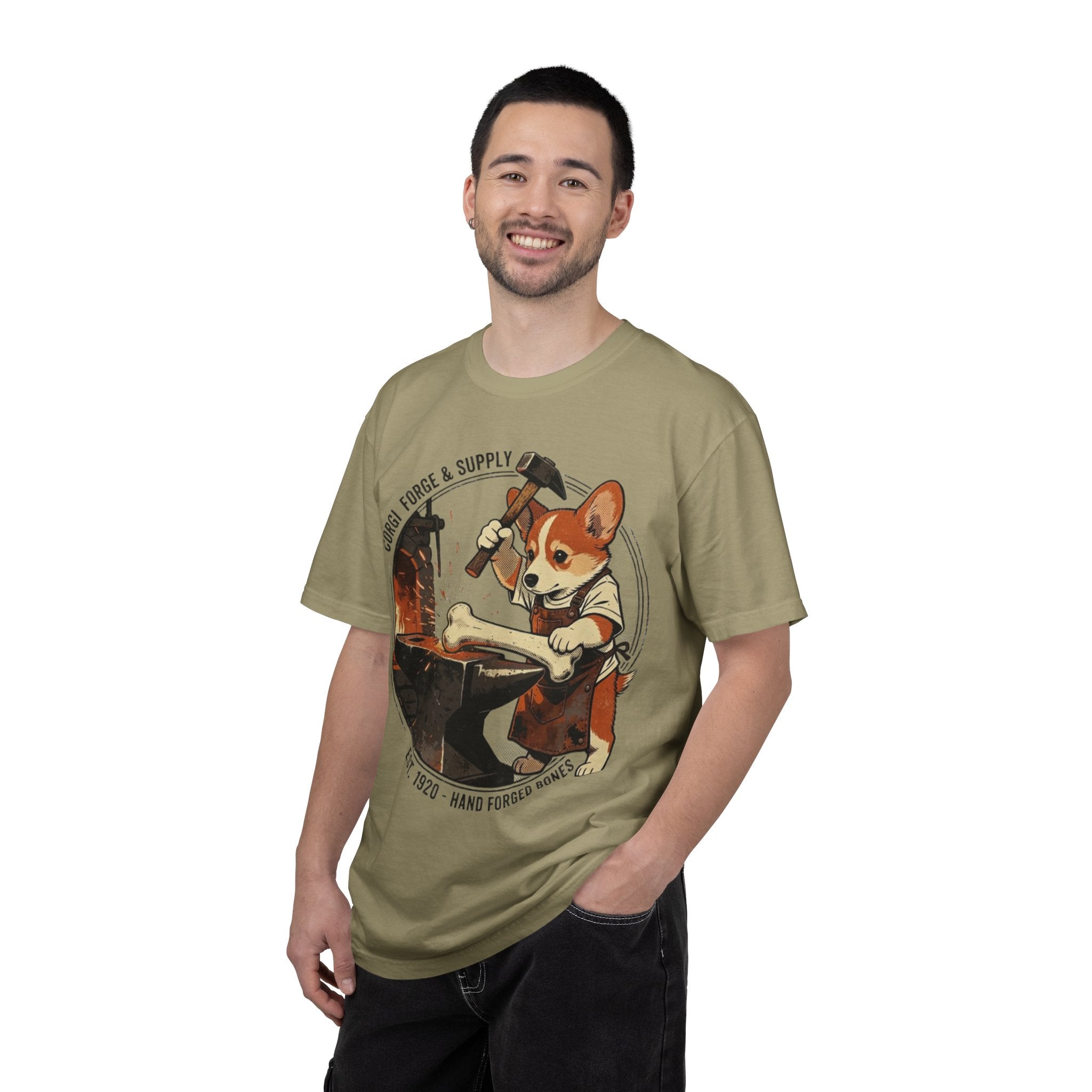 Corgi Blacksmith Illustration T-Shirt | Cute Dog Forge Graphic Tee