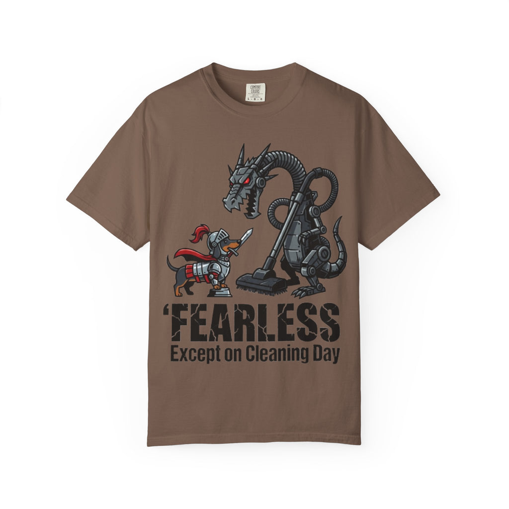 Fearless Except on Cleaning Day T-shirt | Knight vs Dragon Vacuum Humor