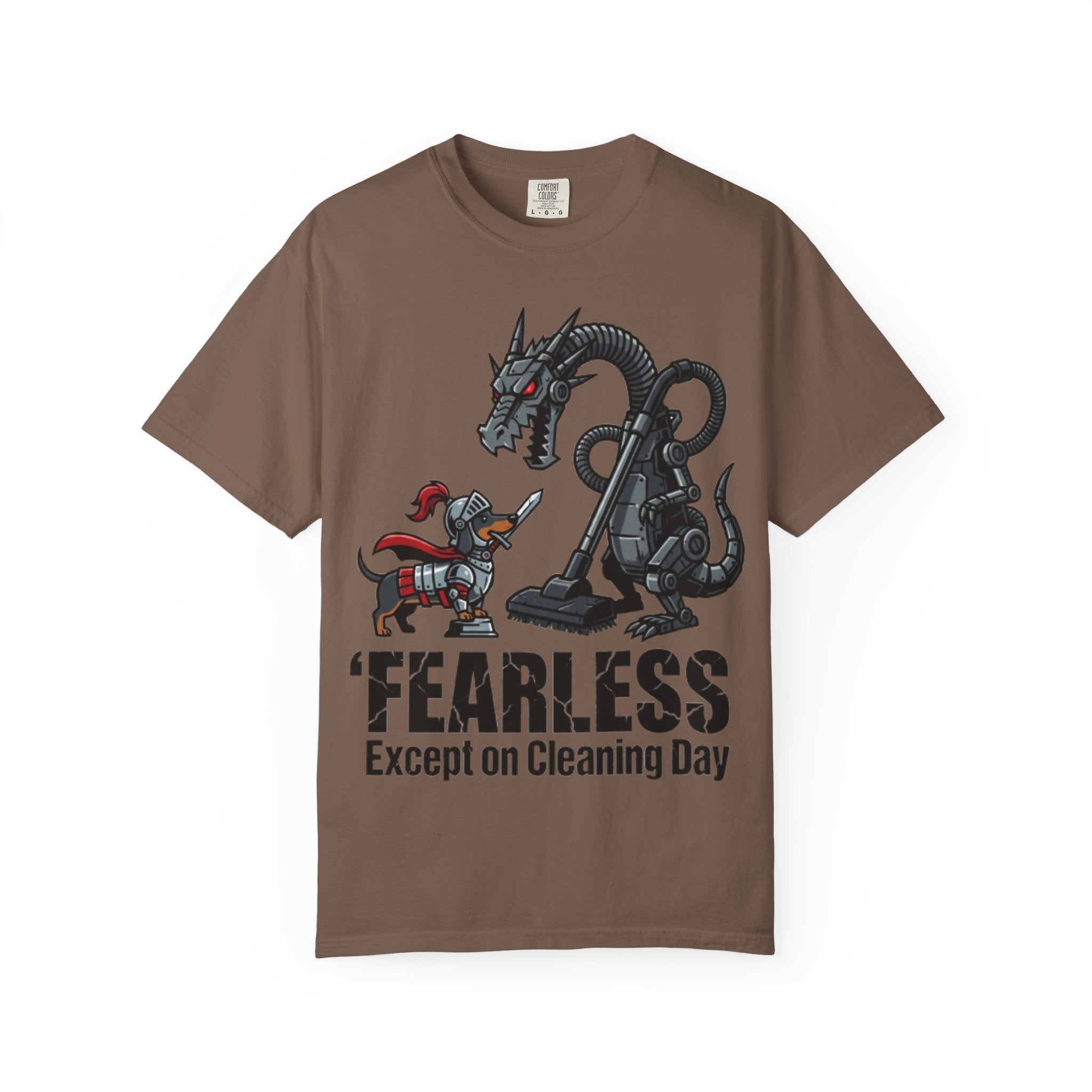 Fearless Except on Cleaning Day T-shirt | Knight vs Dragon Vacuum Humor