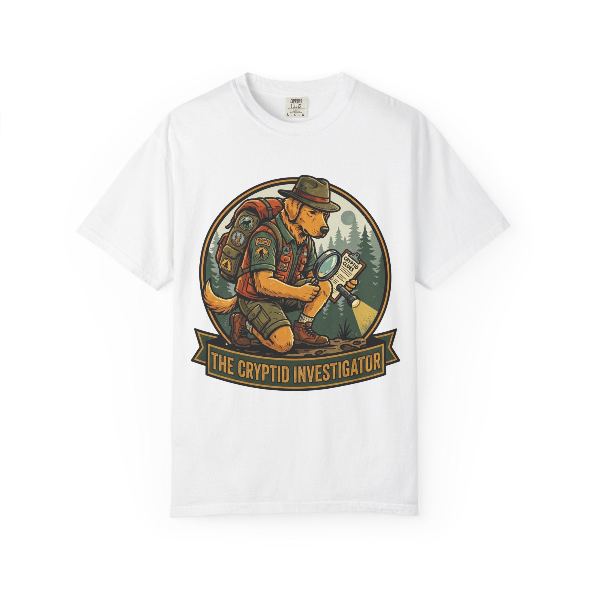 Cryptid Investigator Dog T-shirt | Golden Retriever Detective Graphic Tee
