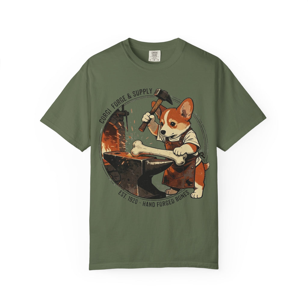 Corgi Blacksmith Illustration T-Shirt | Cute Dog Forge Graphic Tee