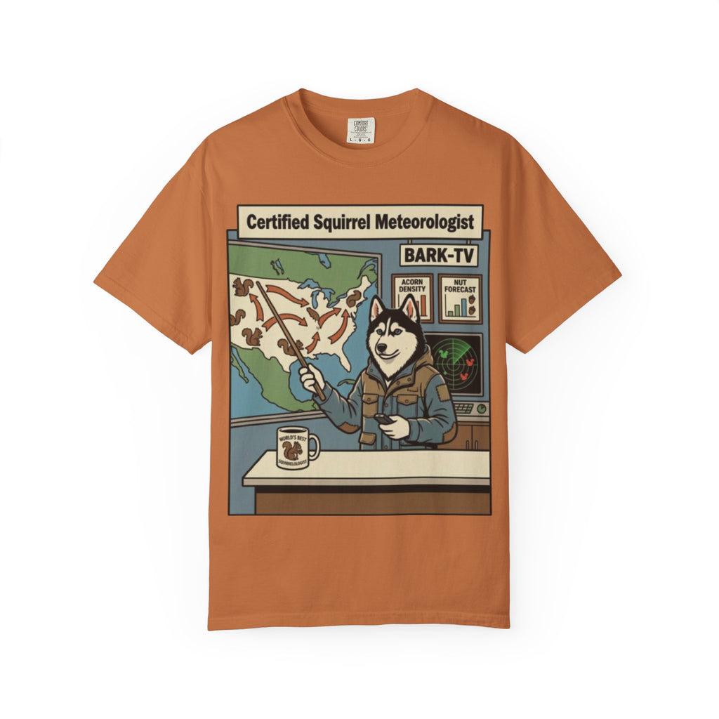 Certified Squirrel Meteorologist Husky TV T-shirt | Weather Desk Dog Illustration