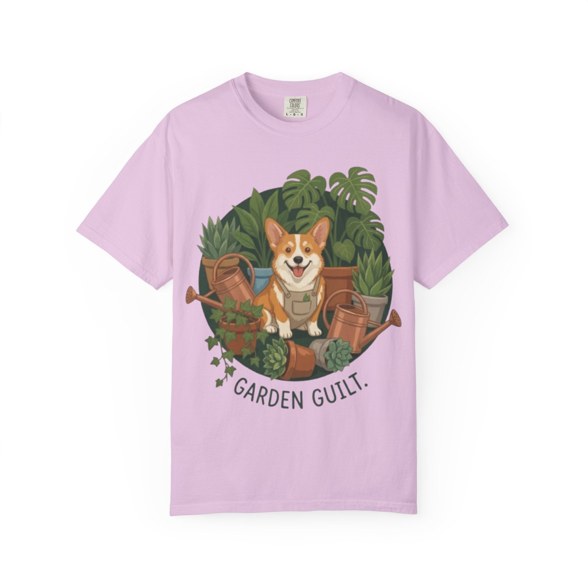 Corgi in Garden 'Garden Guilt' T-Shirt | Gardening Dog Illustration