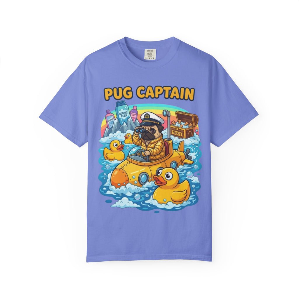 Pug Captain cartoon design T-Shirt | pug sailor, rubber ducky boat, nautical pet tee