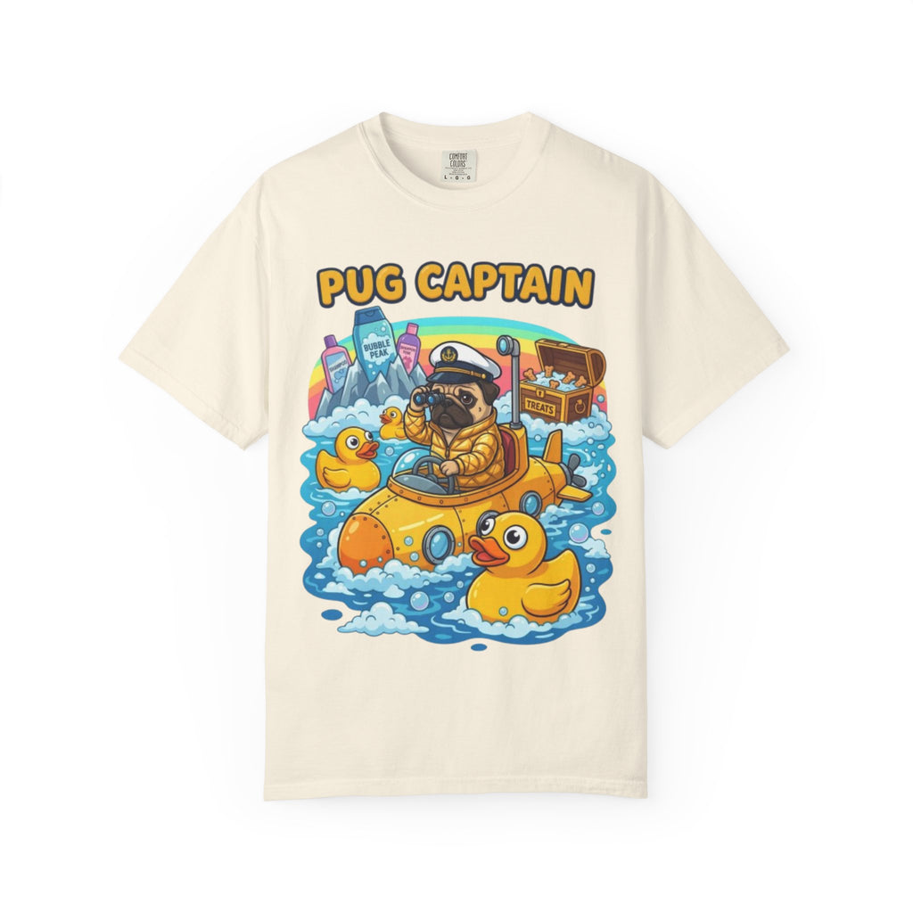Pug Captain cartoon design T-Shirt | pug sailor, rubber ducky boat, nautical pet tee