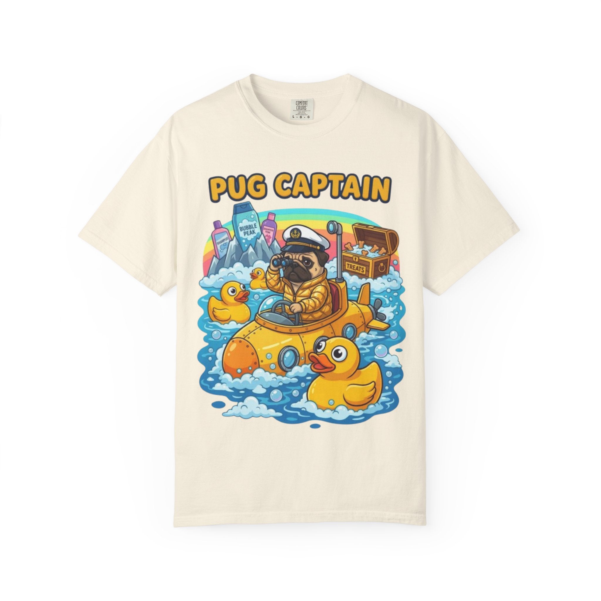 Pug Captain cartoon design T-Shirt | pug sailor, rubber ducky boat, nautical pet tee
