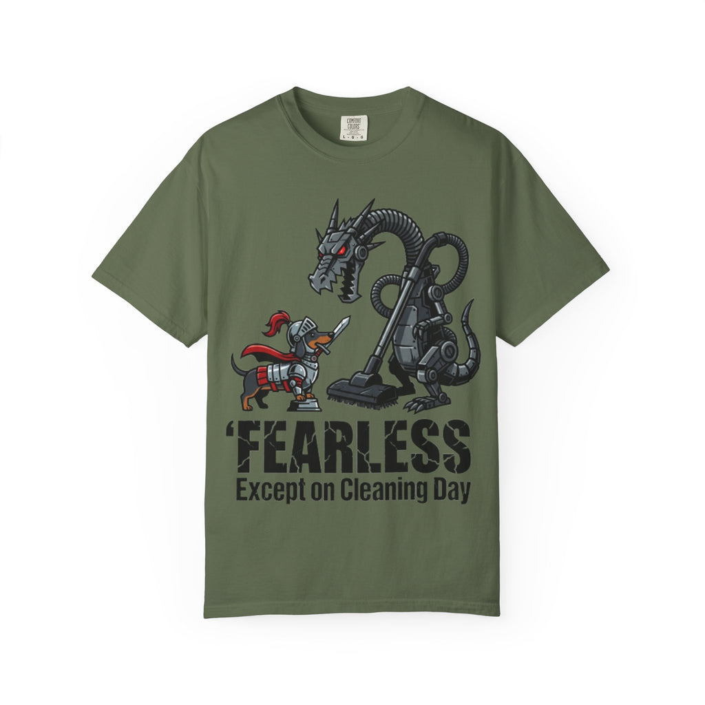 Fearless Except on Cleaning Day T-shirt | Knight vs Dragon Vacuum Humor