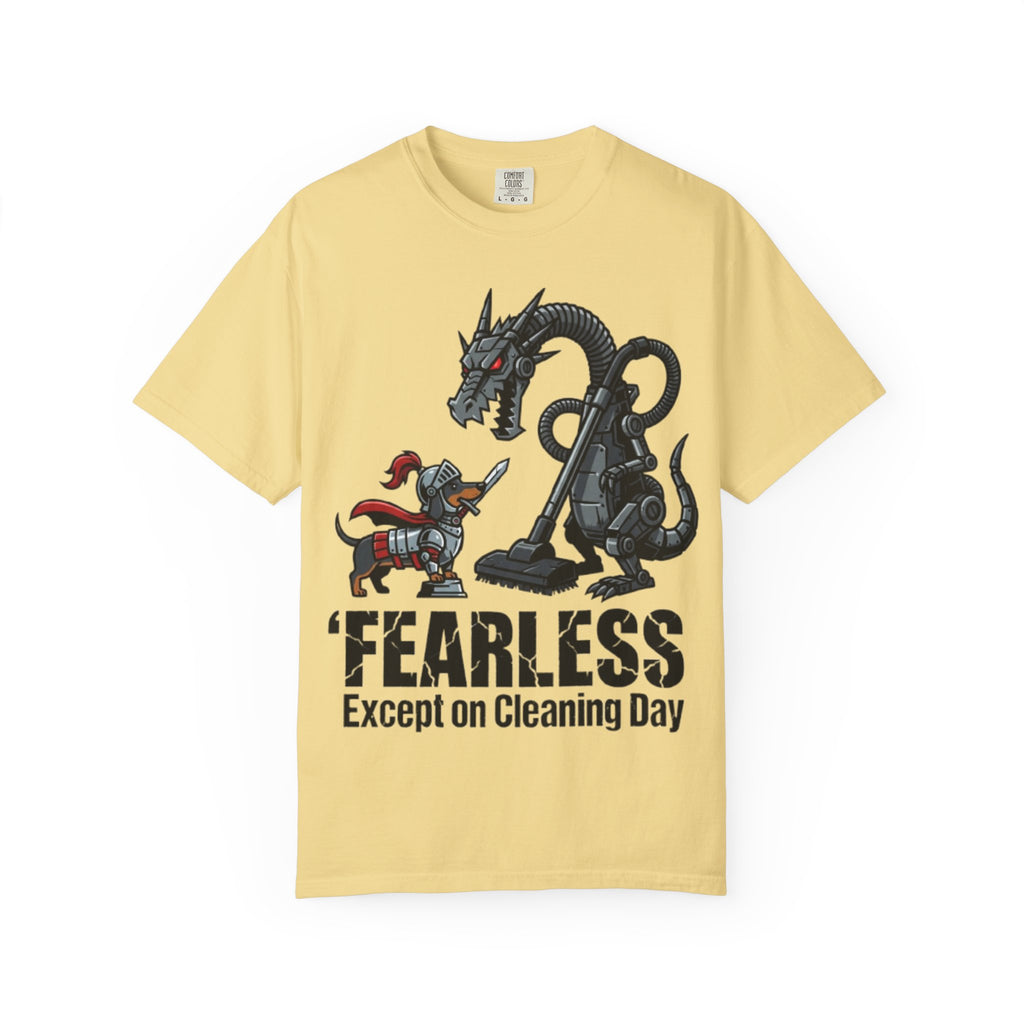 Fearless Except on Cleaning Day T-shirt | Knight vs Dragon Vacuum Humor