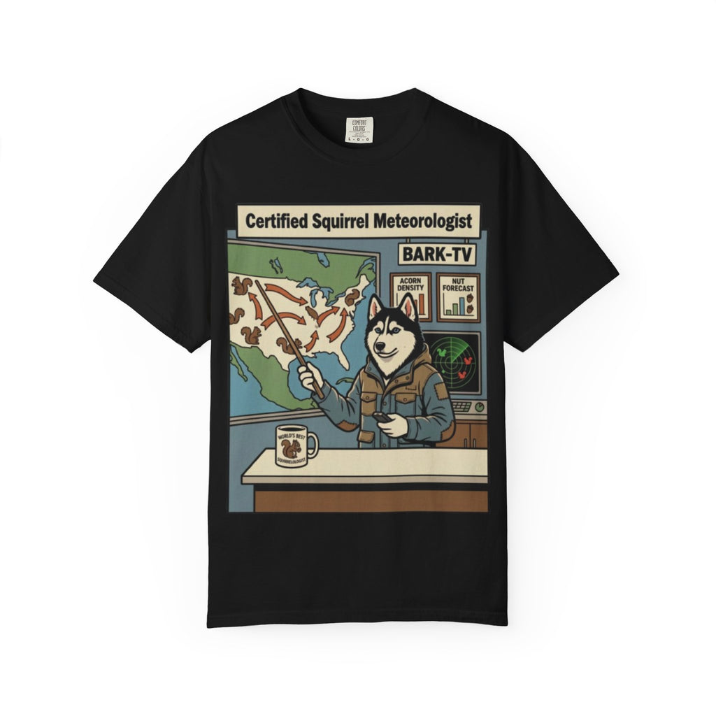 Certified Squirrel Meteorologist Husky TV T-shirt | Weather Desk Dog Illustration
