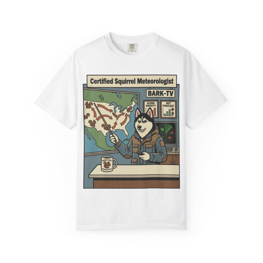 Certified Squirrel Meteorologist Husky TV T-shirt | Weather Desk Dog Illustration