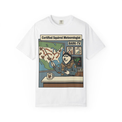 Certified Squirrel Meteorologist Husky TV T-shirt | Weather Desk Dog Illustration