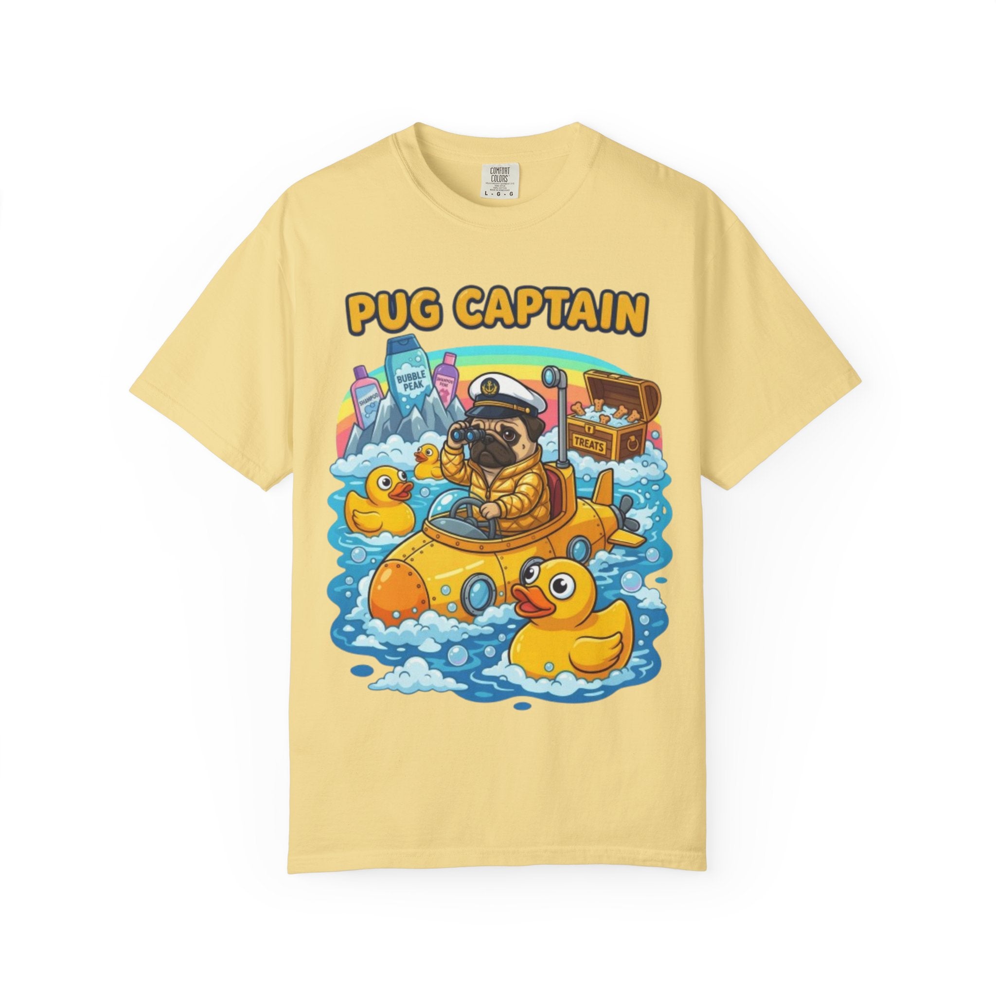 Pug Captain cartoon design T-Shirt | pug sailor, rubber ducky boat, nautical pet tee