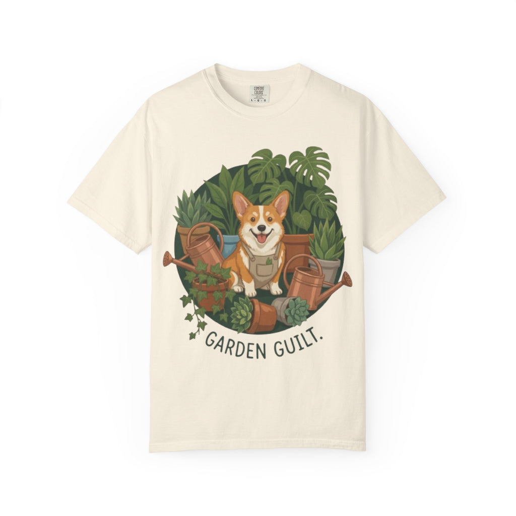 Corgi in Garden 'Garden Guilt' T-Shirt | Gardening Dog Illustration