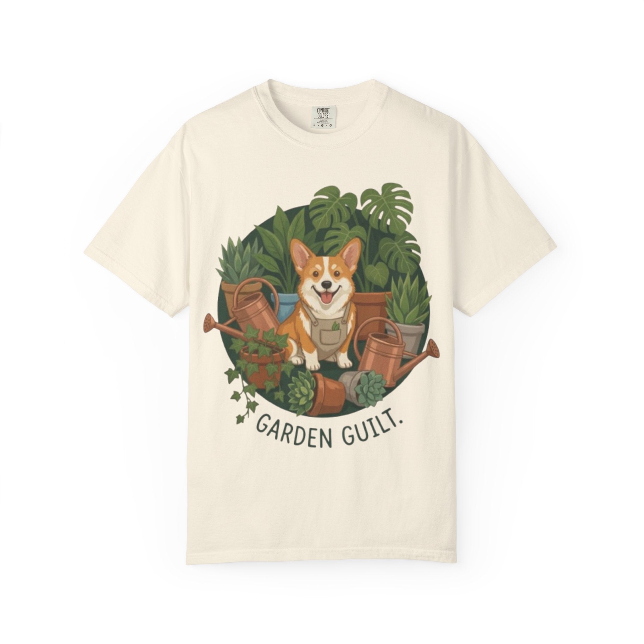 Corgi in Garden 'Garden Guilt' T-Shirt | Gardening Dog Illustration