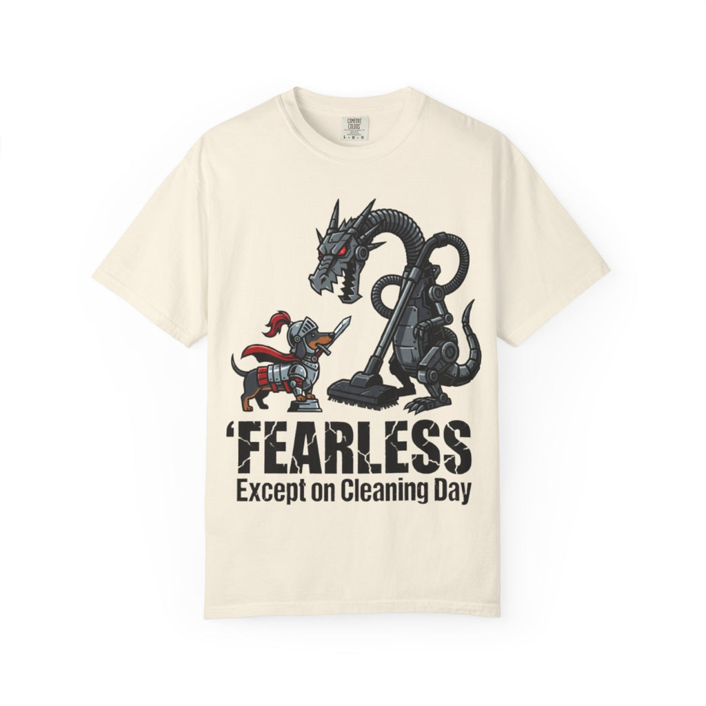 Fearless Except on Cleaning Day T-shirt | Knight vs Dragon Vacuum Humor