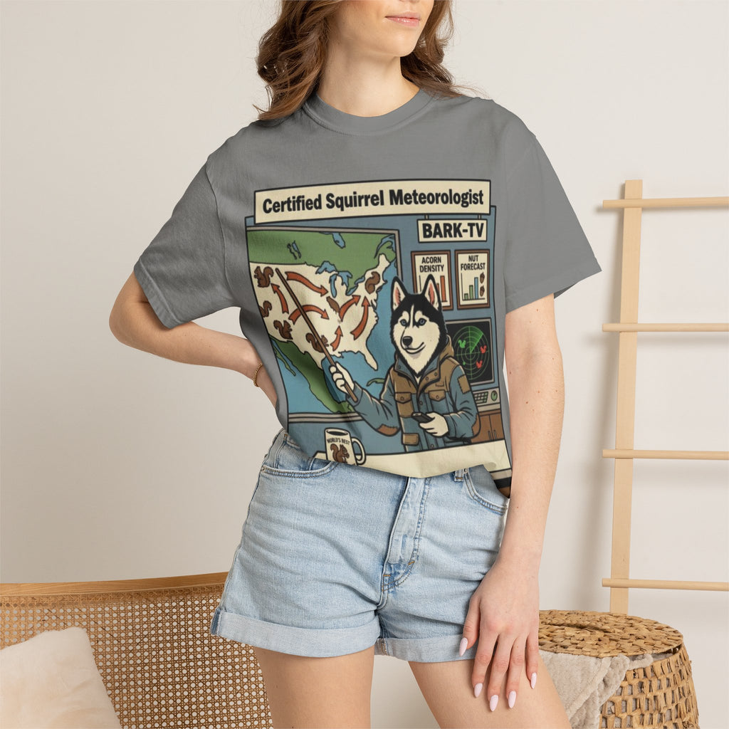 Certified Squirrel Meteorologist Husky TV T-shirt | Weather Desk Dog Illustration