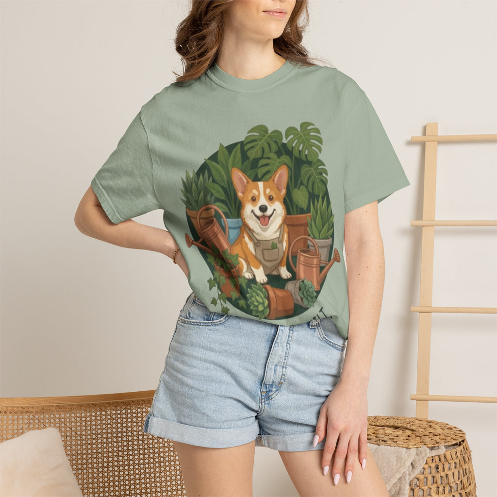 Corgi in Garden 'Garden Guilt' T-Shirt | Gardening Dog Illustration