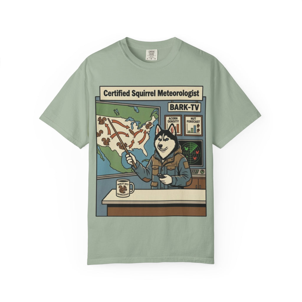 Certified Squirrel Meteorologist Husky TV T-shirt | Weather Desk Dog Illustration
