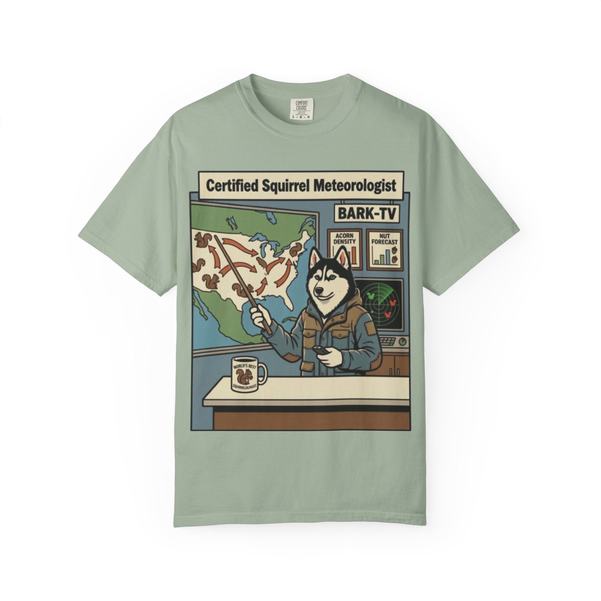 Certified Squirrel Meteorologist Husky TV T-shirt | Weather Desk Dog Illustration