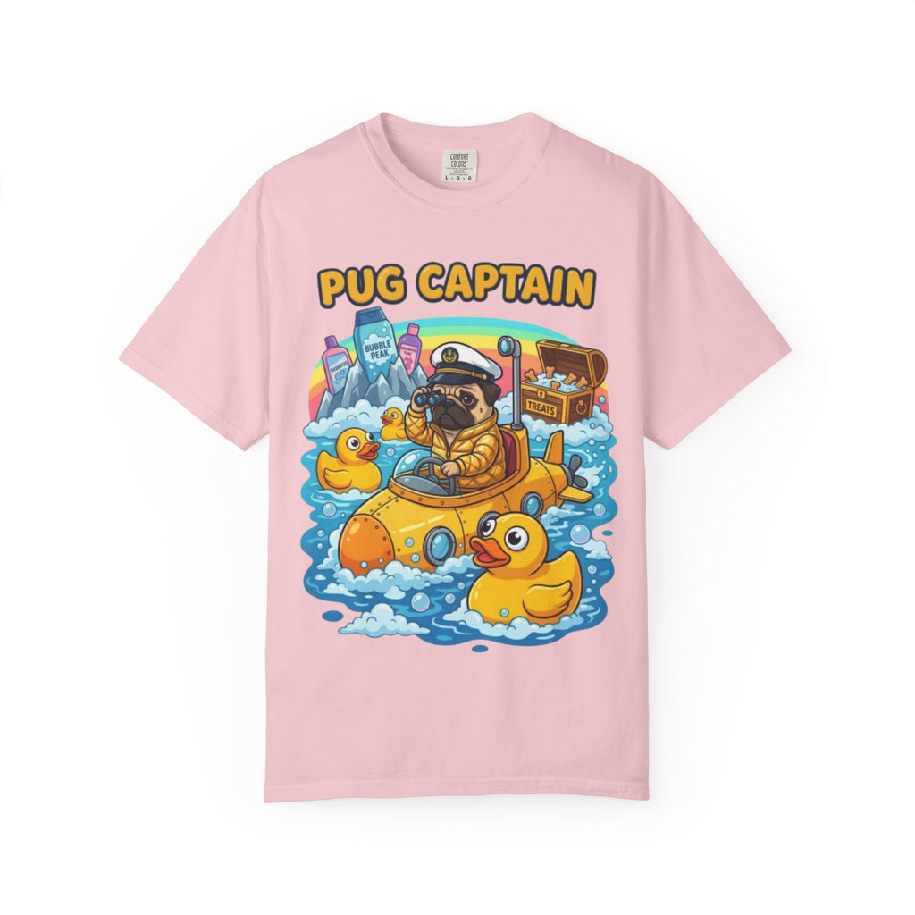 Pug Captain cartoon design T-Shirt | pug sailor, rubber ducky boat, nautical pet tee