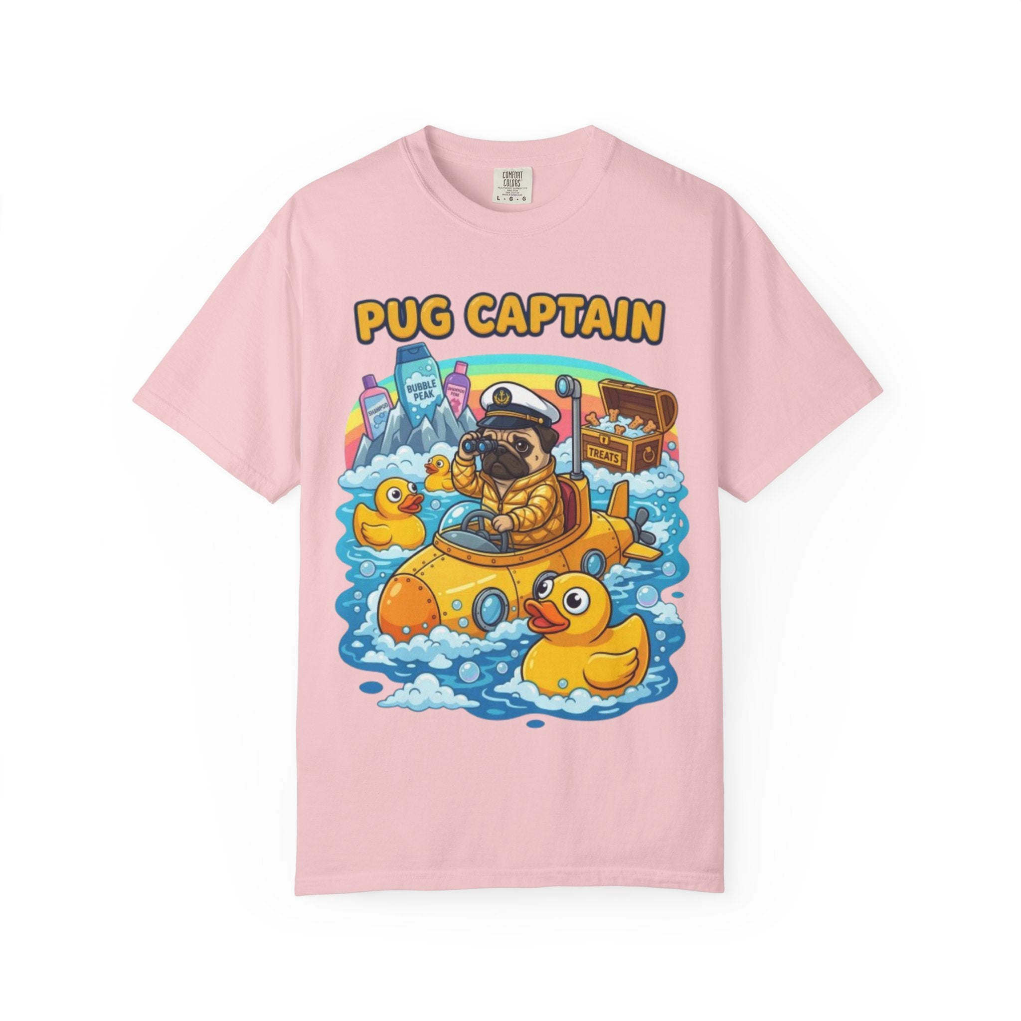 Pug Captain cartoon design T-Shirt | pug sailor, rubber ducky boat, nautical pet tee