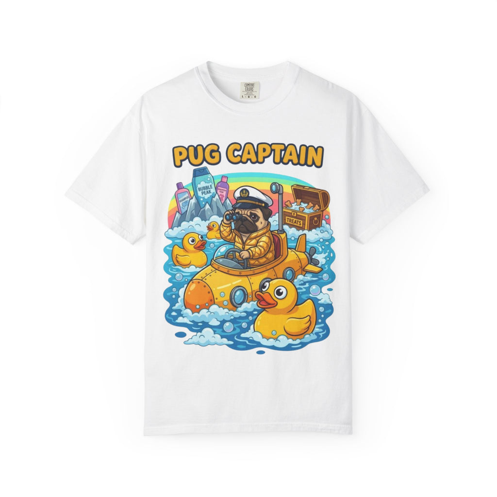 Pug Captain cartoon design T-Shirt | pug sailor, rubber ducky boat, nautical pet tee