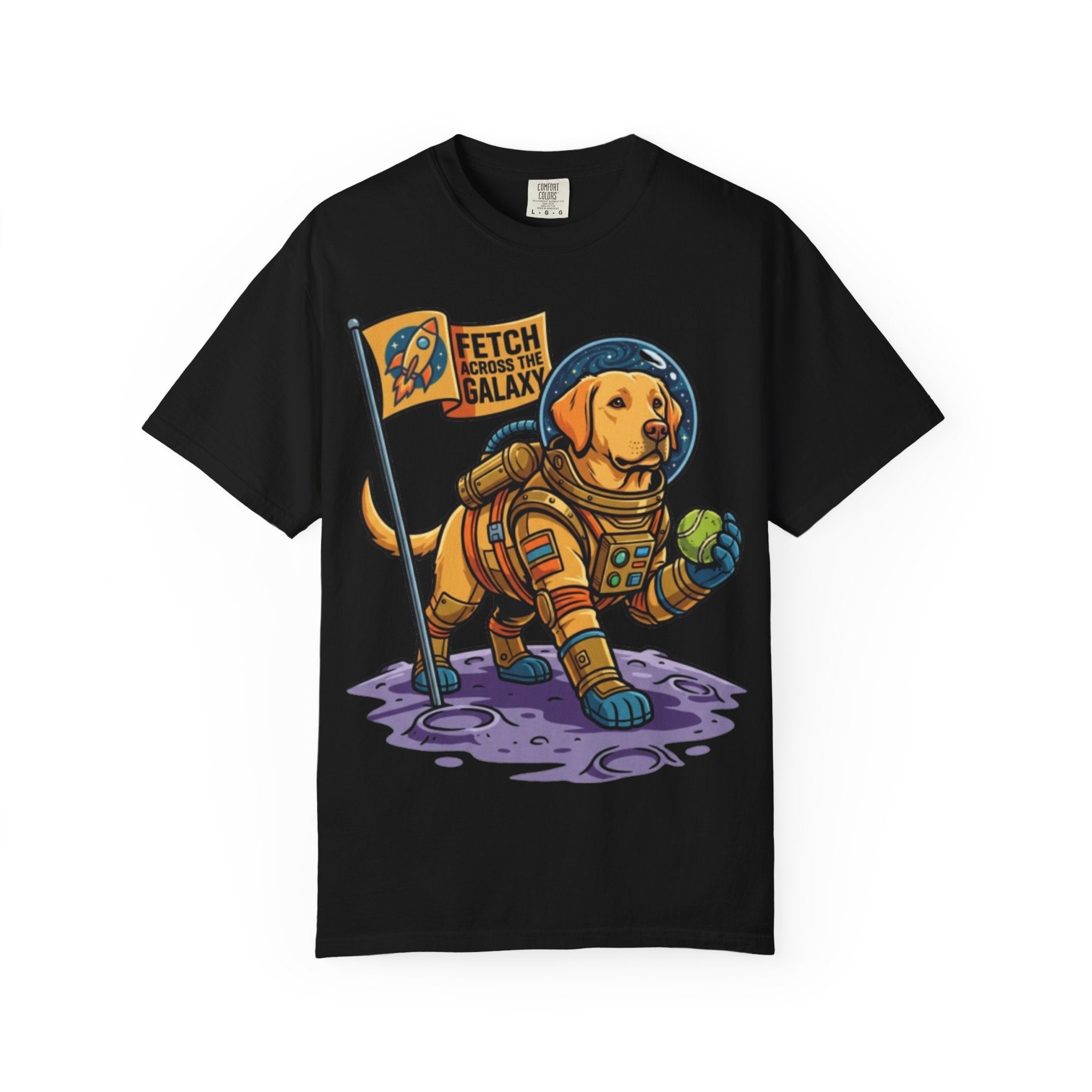 Astronaut Labrador Playing Fetch T-shirt | Space Dog Illustration