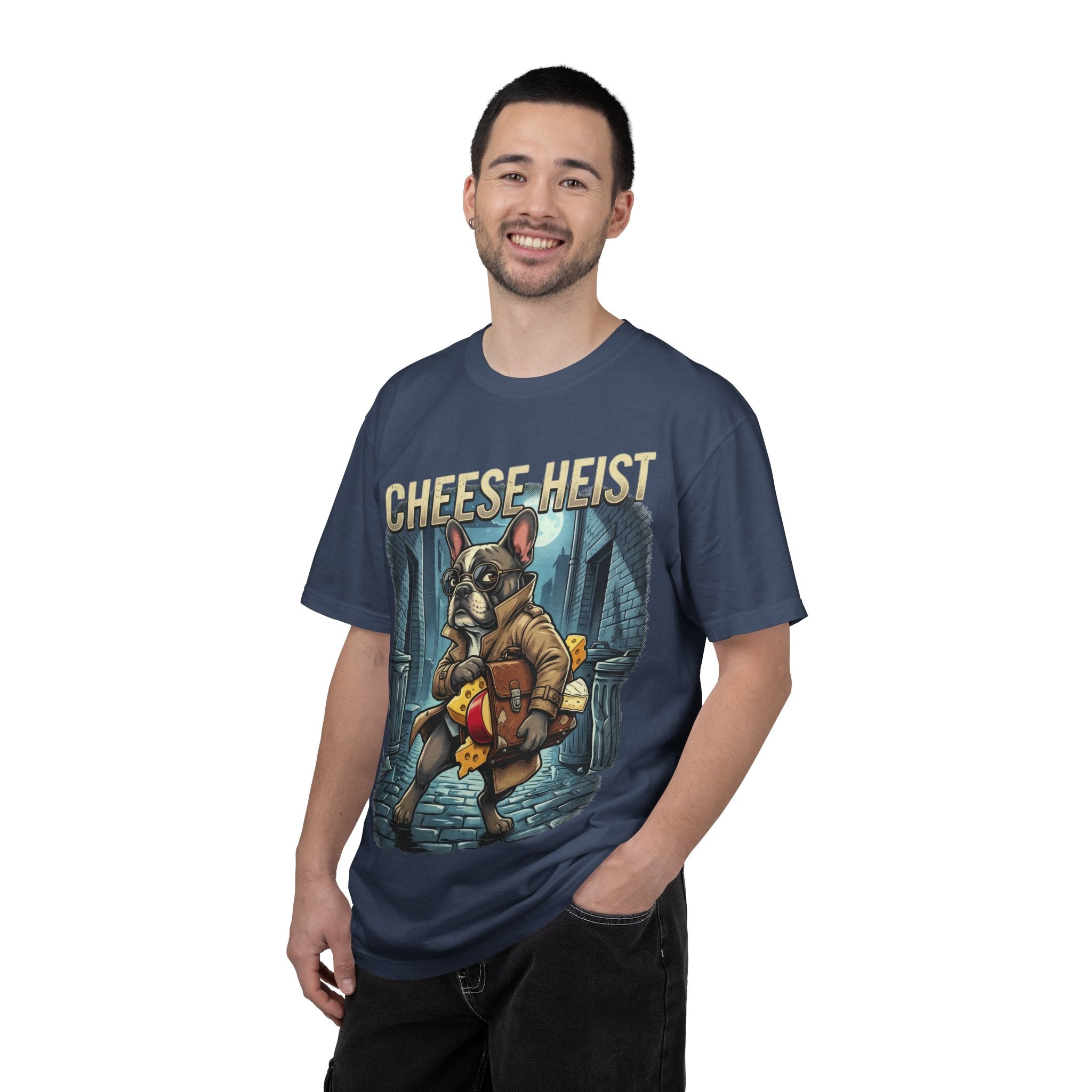 Cheese Heist French Bulldog Thief T-shirt | Cartoon Crime Scene Tee