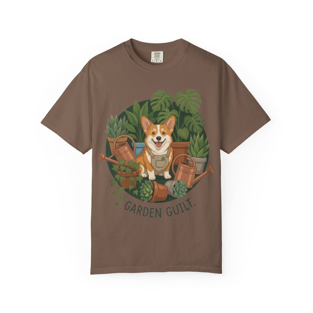 Corgi in Garden 'Garden Guilt' T-Shirt | Gardening Dog Illustration