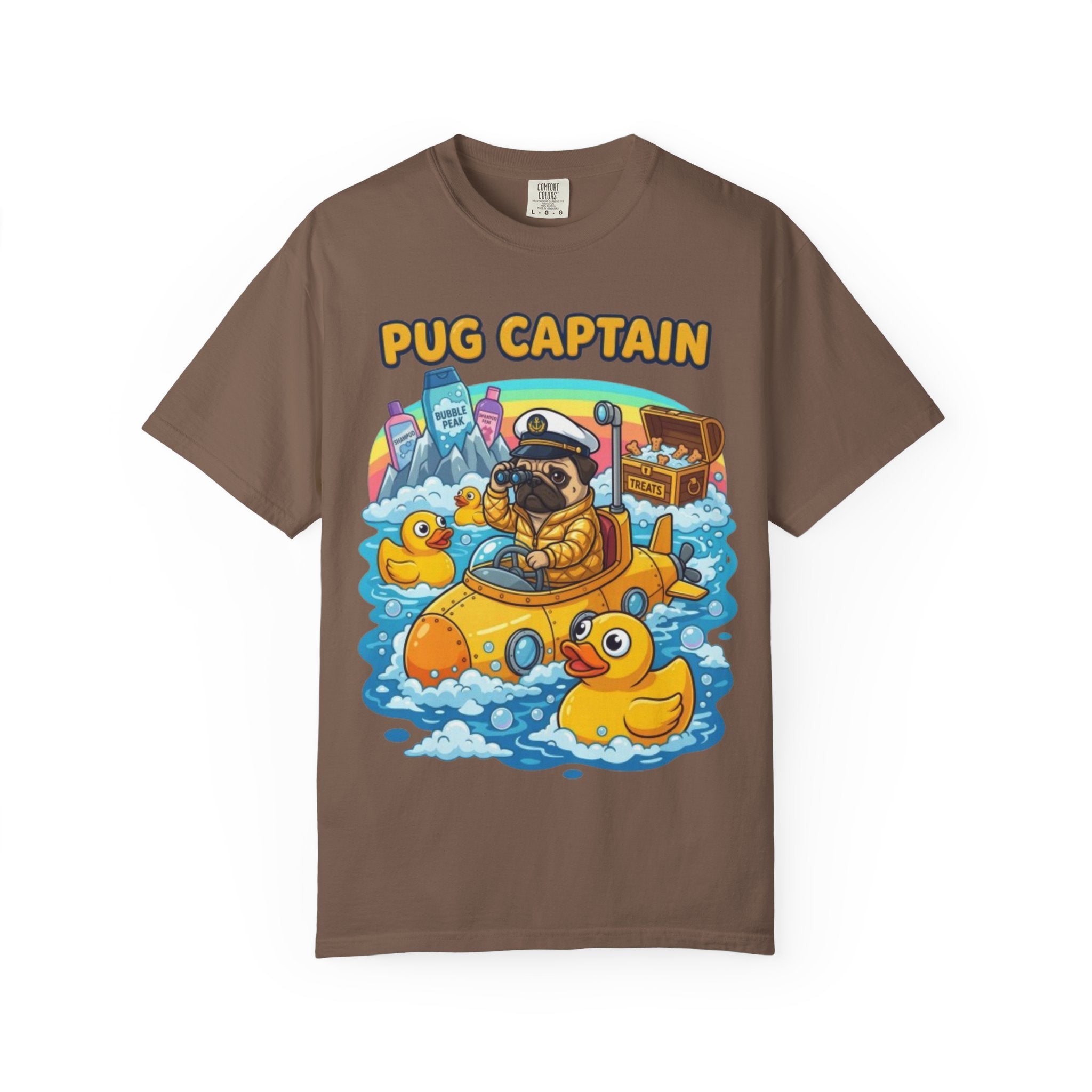 Pug Captain cartoon design T-Shirt | pug sailor, rubber ducky boat, nautical pet tee