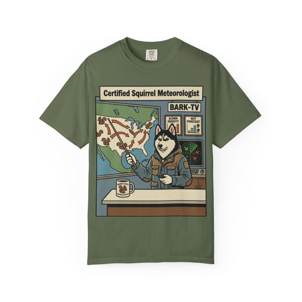 Certified Squirrel Meteorologist Husky TV T-shirt | Weather Desk Dog Illustration