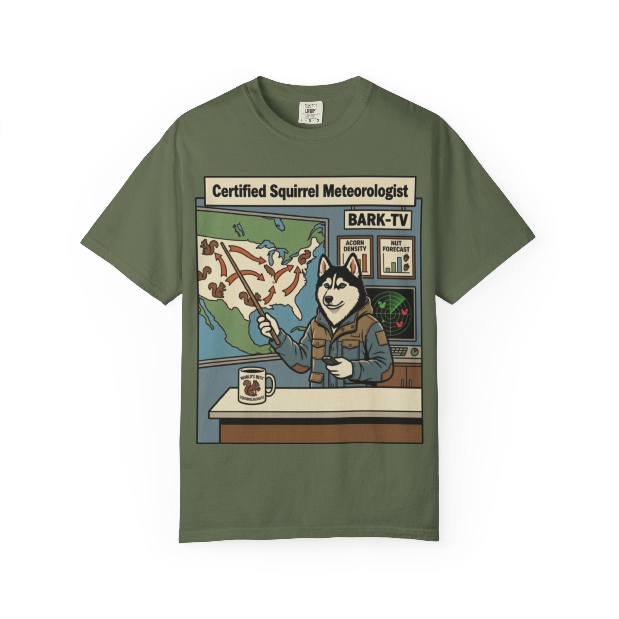 Certified Squirrel Meteorologist Husky TV T-shirt | Weather Desk Dog Illustration