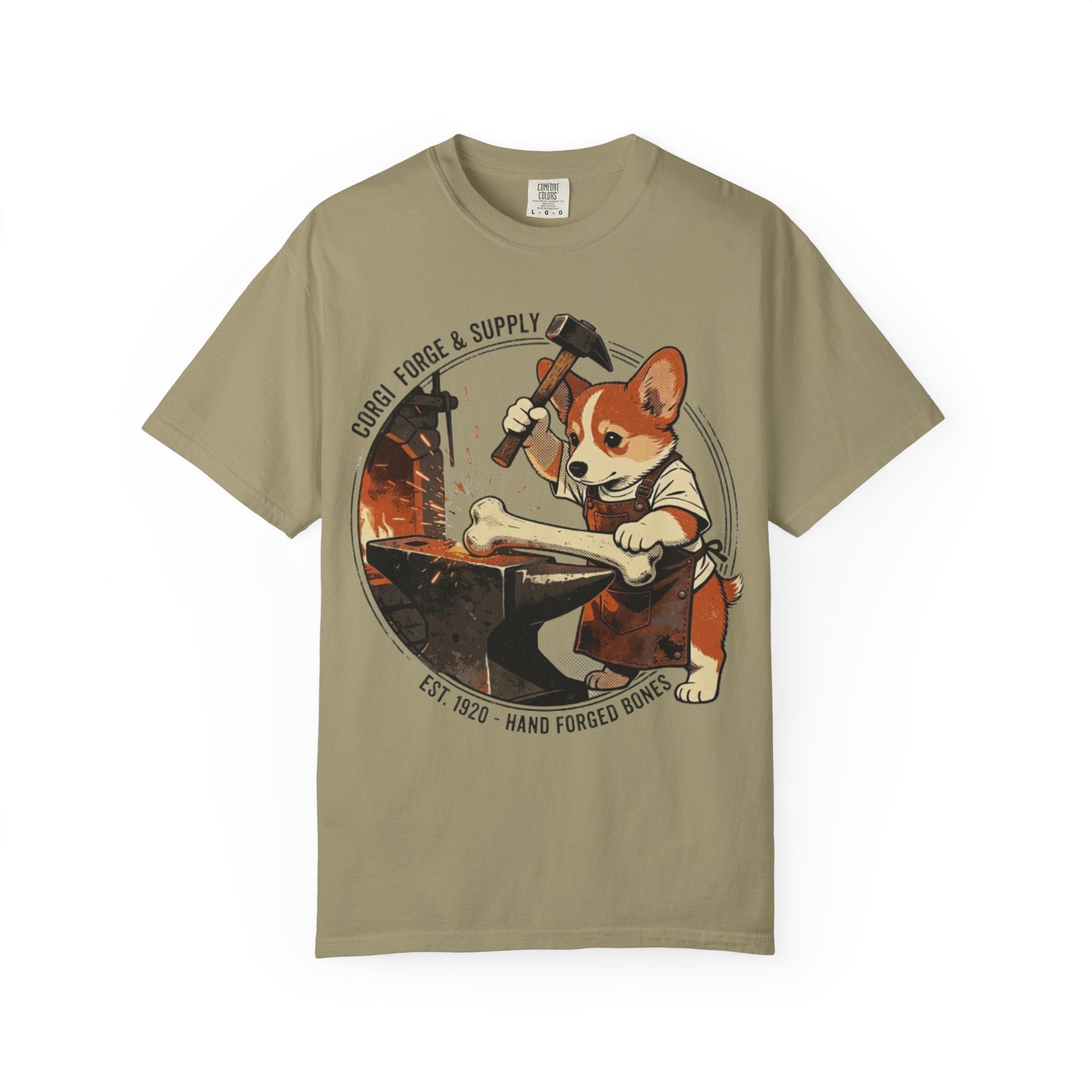 Corgi Blacksmith Illustration T-Shirt | Cute Dog Forge Graphic Tee