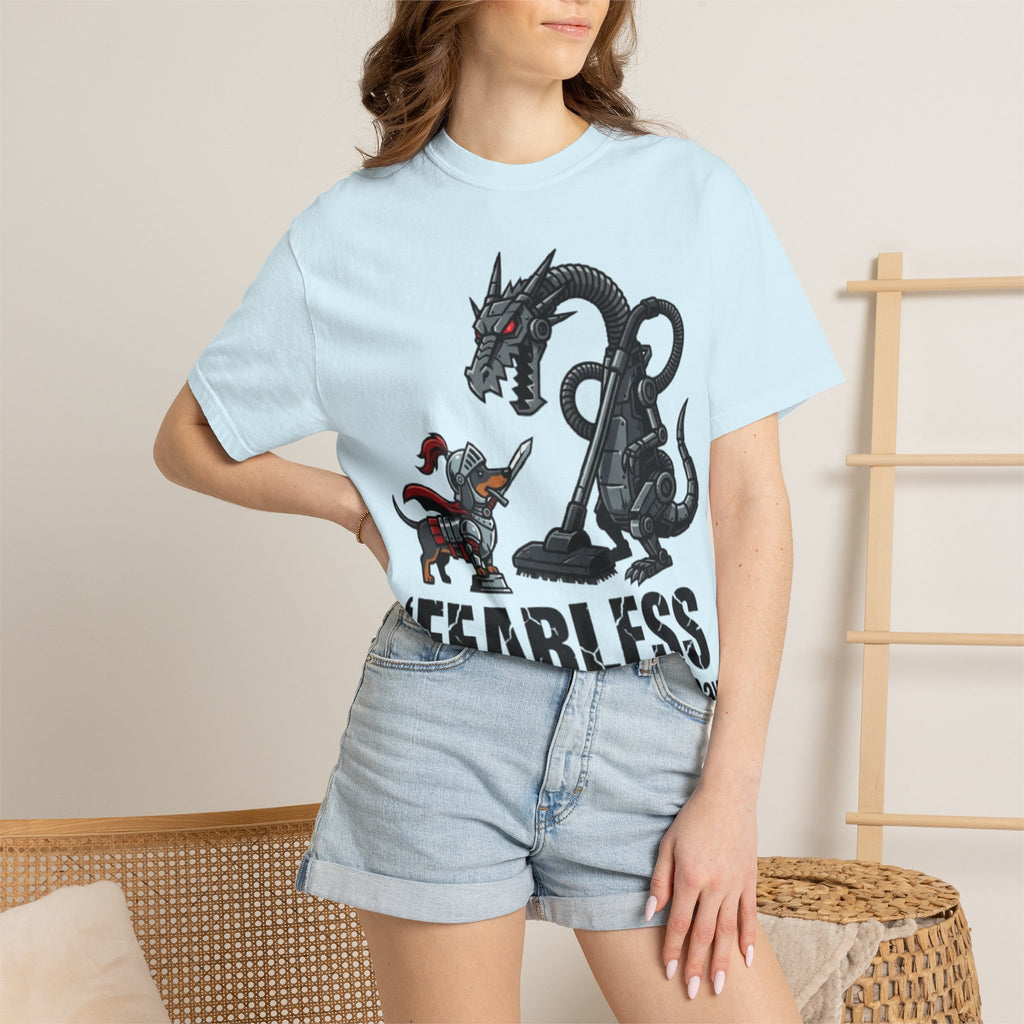 Fearless Except on Cleaning Day T-shirt | Knight vs Dragon Vacuum Humor