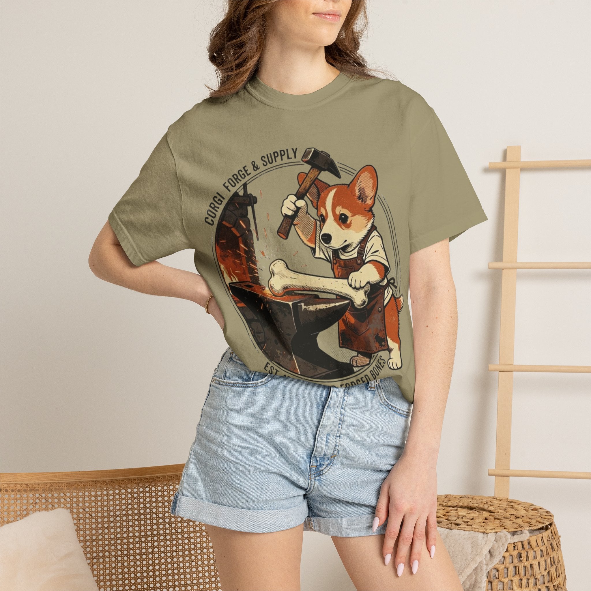 Corgi Blacksmith Illustration T-Shirt | Cute Dog Forge Graphic Tee