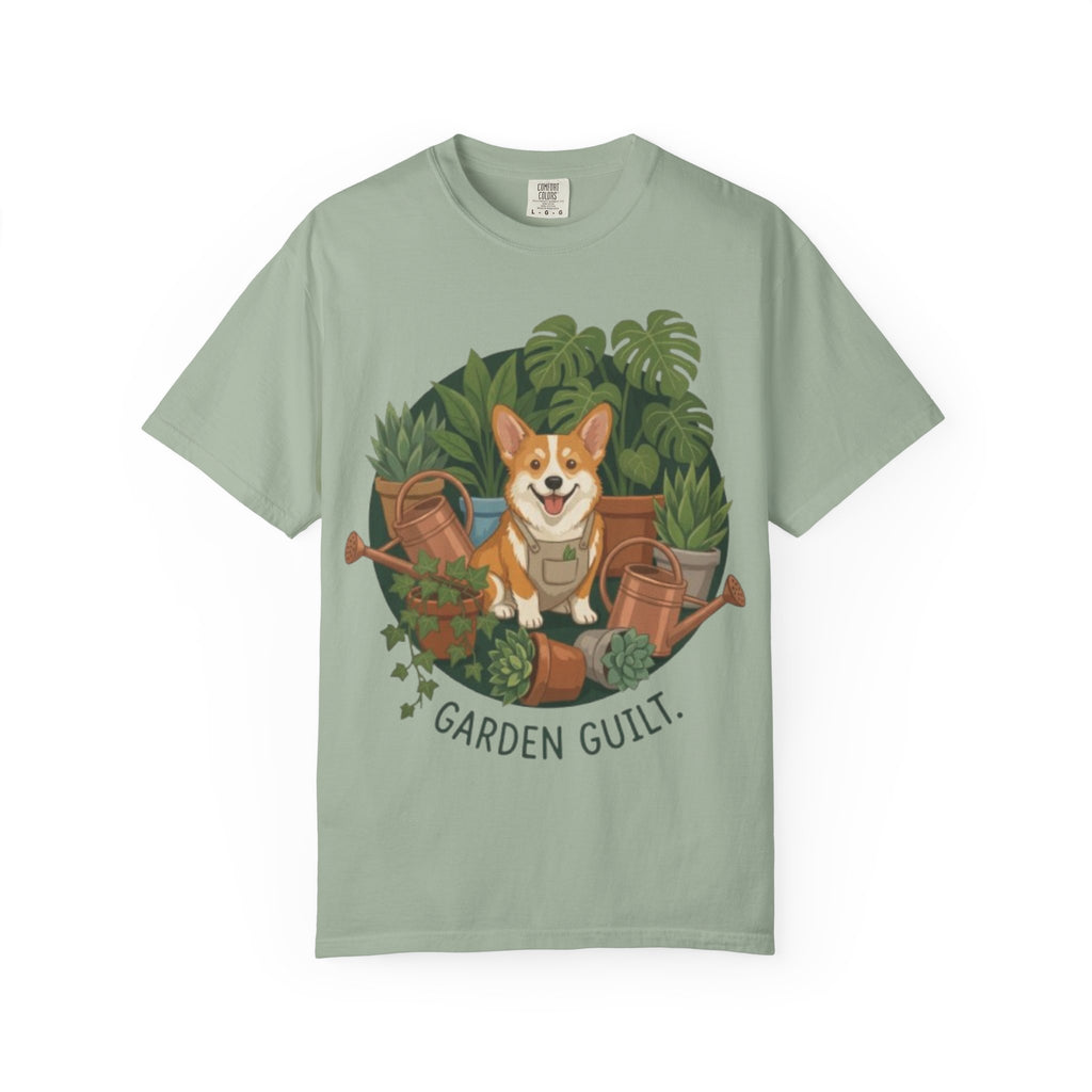 Corgi in Garden 'Garden Guilt' T-Shirt | Gardening Dog Illustration